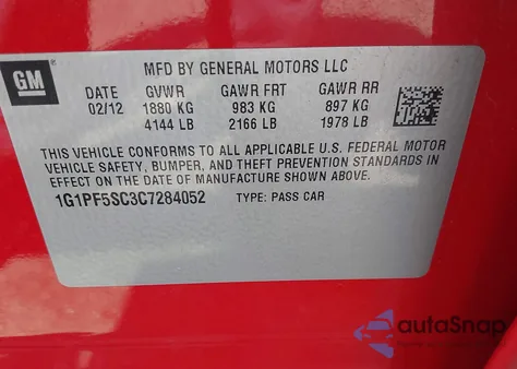 2012 Chevrolet Cruze 1Lt из США, поврежденный, VIN 1G1PF5SC3C7284052